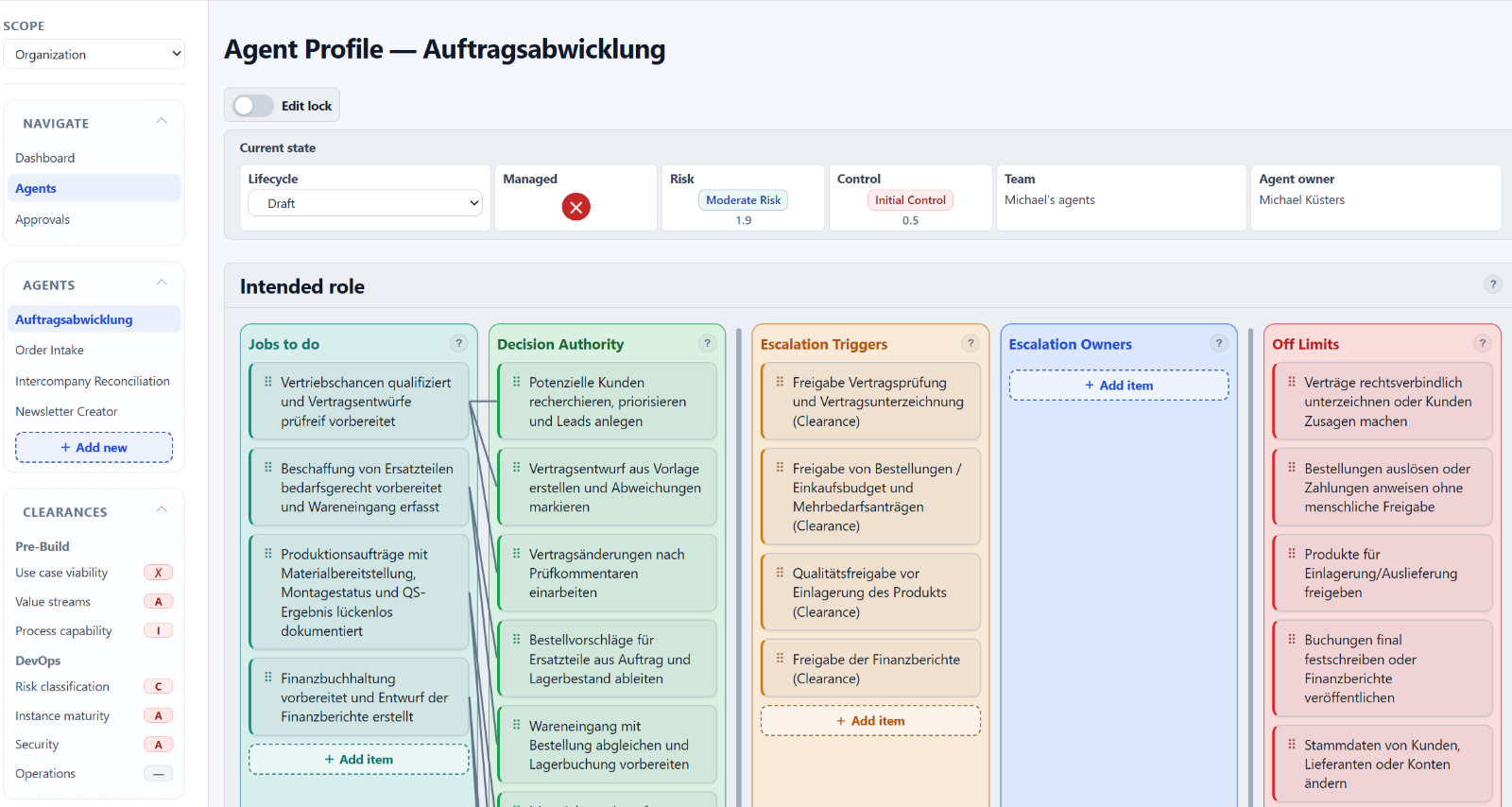 CARE agent profile for Auftragsabwicklung showing jobs to do, decision authority, escalation triggers, escalation owners and off limits